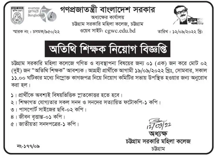 Chittagong Govt Women’s College Job Circular 2022