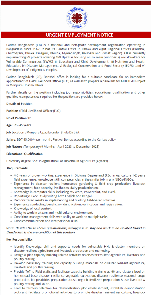 Apply for Caritas Bangladesh Job Circular 2023 
